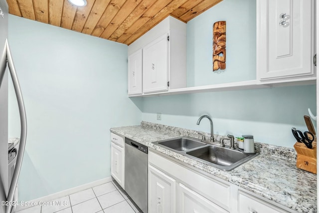 kitchen with dishwasher, wooden ceiling, sink, light tile patterned flooring, and white cabinetry