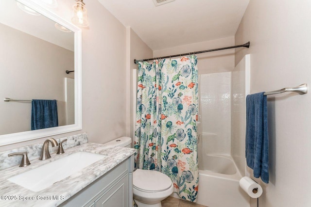 full bathroom featuring shower / tub combo, vanity, and toilet