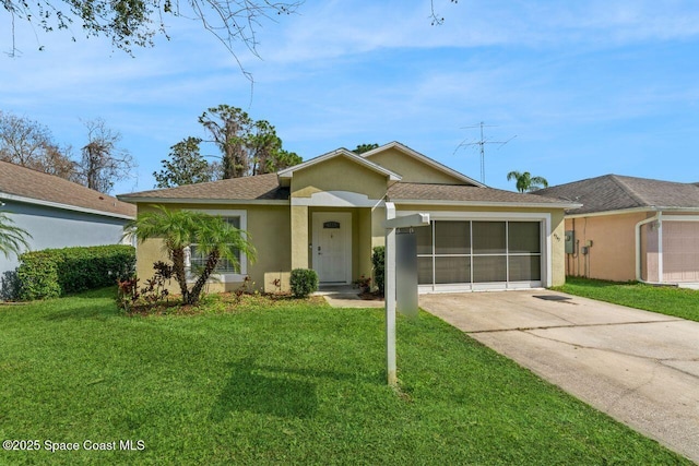 ranch-style house with a garage and a front yard