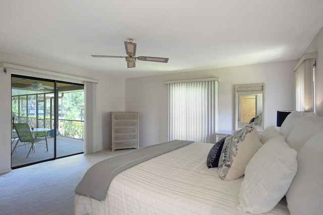 carpeted bedroom featuring access to outside and ceiling fan