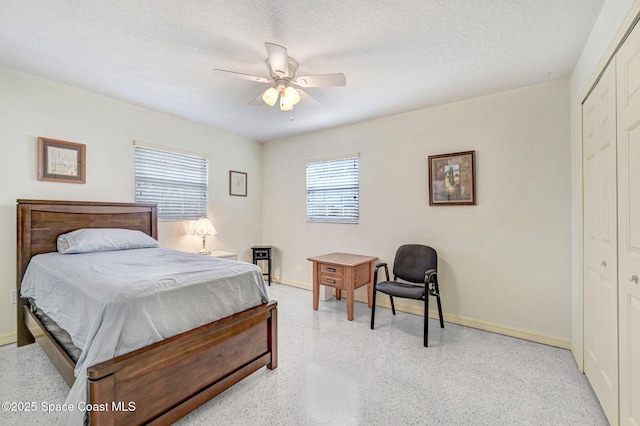 bedroom with ceiling fan, a textured ceiling, and a closet