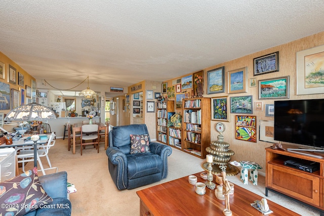 carpeted living room with a textured ceiling