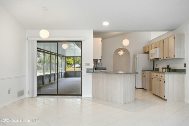 kitchen featuring kitchen peninsula, white appliances, light brown cabinets, pendant lighting, and light tile patterned flooring