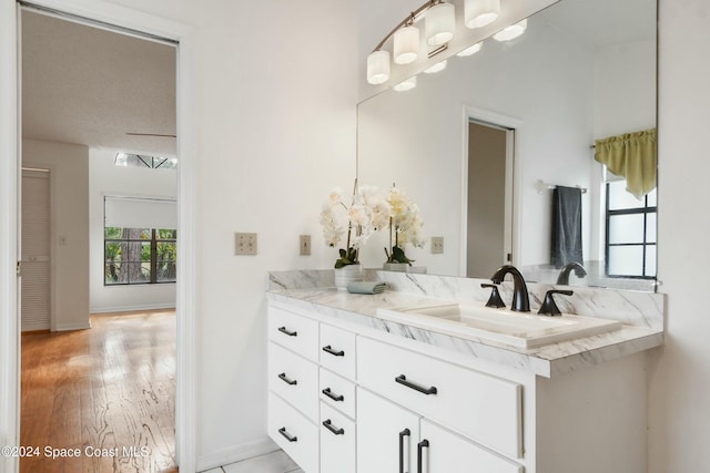 bathroom with vanity and hardwood / wood-style flooring