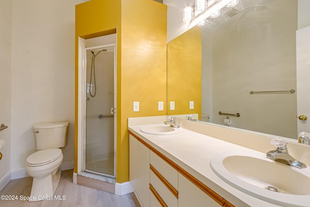 bathroom featuring vanity, toilet, and a shower with door