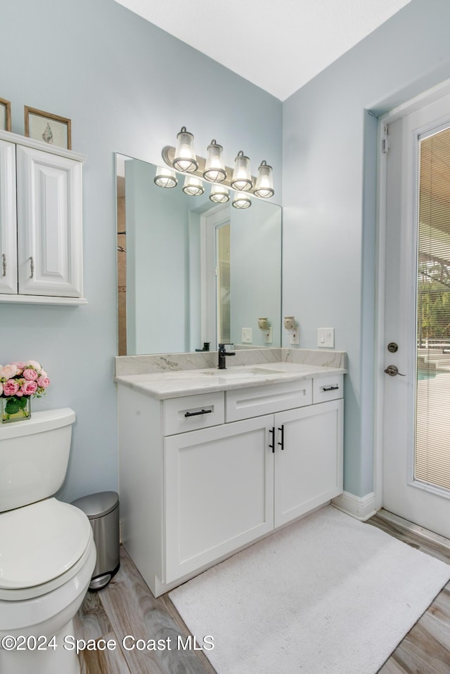 bathroom featuring vanity, hardwood / wood-style flooring, and toilet