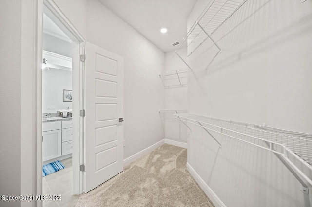 spacious closet featuring light colored carpet