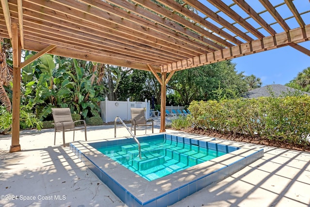 view of swimming pool featuring a pergola, a community hot tub, and a patio