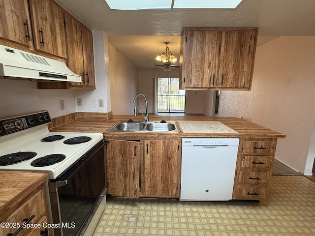 kitchen featuring sink, dishwasher, hanging light fixtures, electric range, and kitchen peninsula