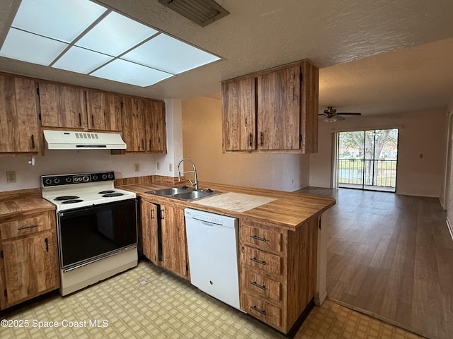 kitchen with sink, electric range, white dishwasher, kitchen peninsula, and ceiling fan