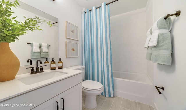 full bathroom with vanity, toilet, and shower / bathtub combination with curtain