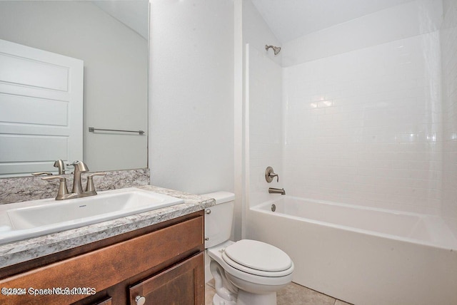 full bathroom featuring tile patterned flooring, lofted ceiling, toilet, shower / washtub combination, and vanity