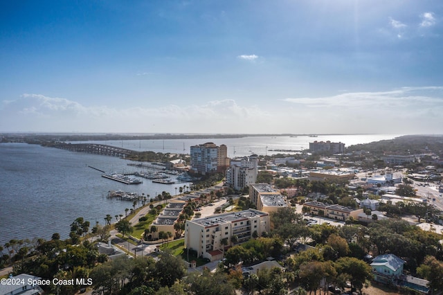 drone / aerial view with a water view