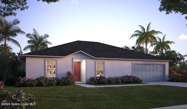 ranch-style home featuring a garage and a front lawn