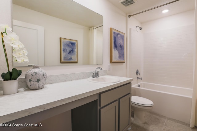 full bathroom featuring shower / bathing tub combination, tile patterned flooring, vanity, and toilet