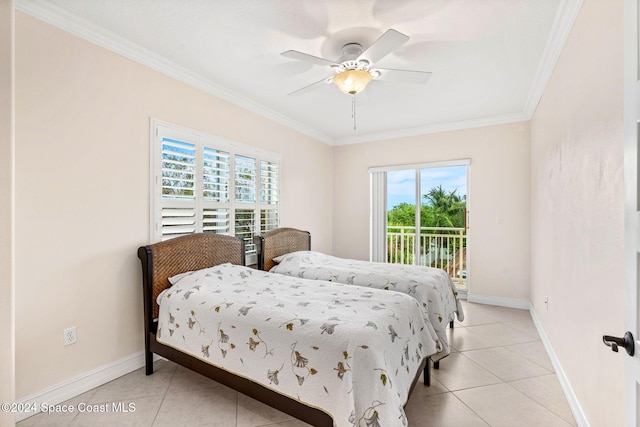 tiled bedroom featuring ceiling fan, ornamental molding, and access to outside