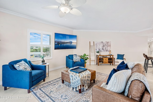 tiled living room featuring ceiling fan and ornamental molding