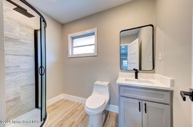 bathroom with walk in shower, vanity, wood-type flooring, and toilet