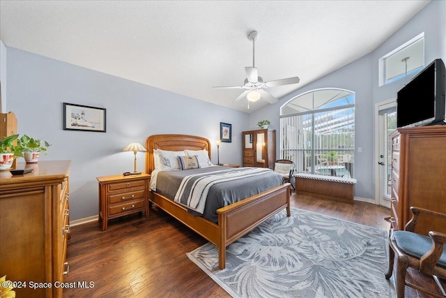 bedroom with vaulted ceiling, access to exterior, ceiling fan, and dark hardwood / wood-style floors