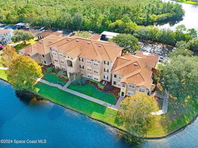 aerial view featuring a water view