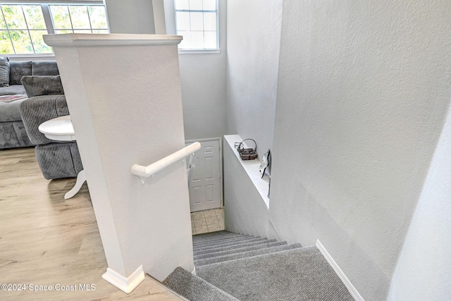 staircase with hardwood / wood-style floors