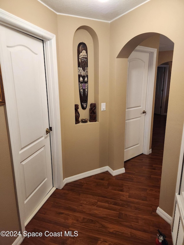 hall featuring ornamental molding and dark wood-type flooring