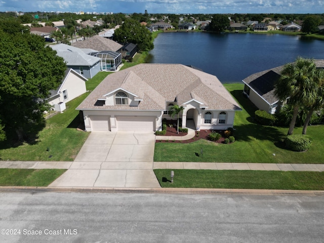 aerial view featuring a water view