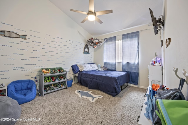 bedroom featuring carpet flooring, ceiling fan, and lofted ceiling