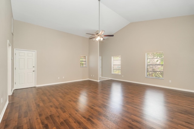 867 S Patrick Dr, Satellite Beach, FL 32937 - empty room featuring high vaulted ceiling, ceiling fan, and dark wood-style floors