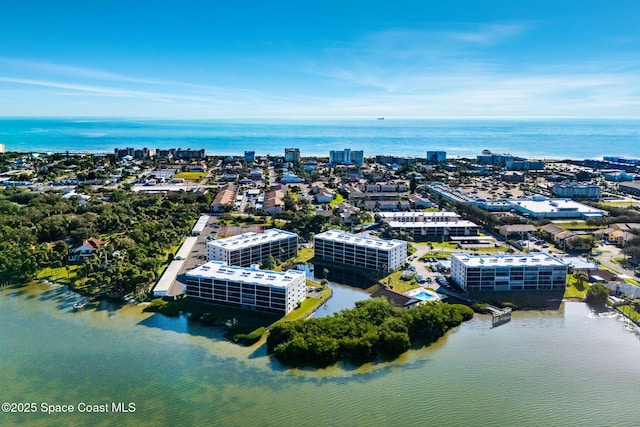 aerial view featuring a water view