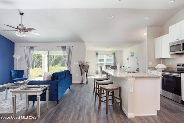 kitchen featuring dark hardwood / wood-style flooring, white cabinetry, an island with sink, and appliances with stainless steel finishes