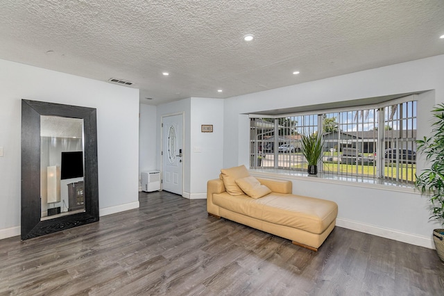 living area featuring wood-type flooring and a textured ceiling