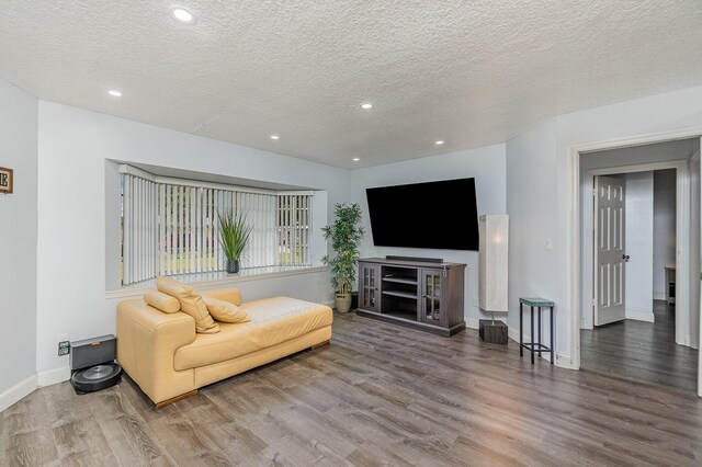 living room with hardwood / wood-style floors and a textured ceiling