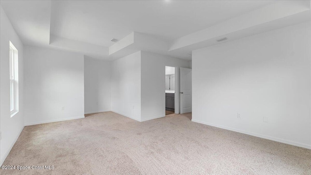 unfurnished room with a raised ceiling and light colored carpet