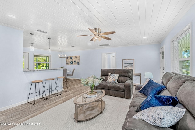 living room featuring ceiling fan, wood ceiling, and light wood-type flooring