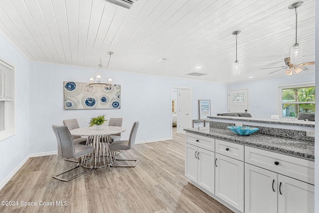 dining area with ceiling fan, light hardwood / wood-style floors, and wood ceiling