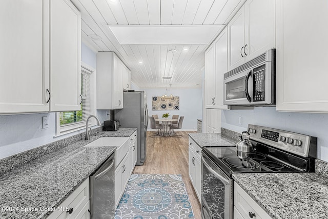 kitchen featuring wood ceiling, white cabinetry, light hardwood / wood-style flooring, and stainless steel appliances