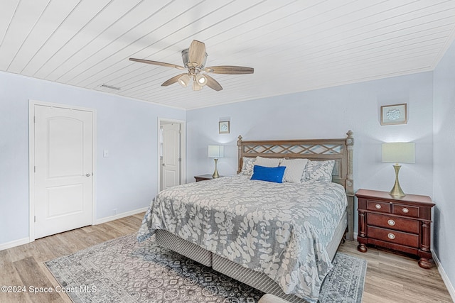 bedroom with crown molding, ceiling fan, light hardwood / wood-style flooring, and wood ceiling