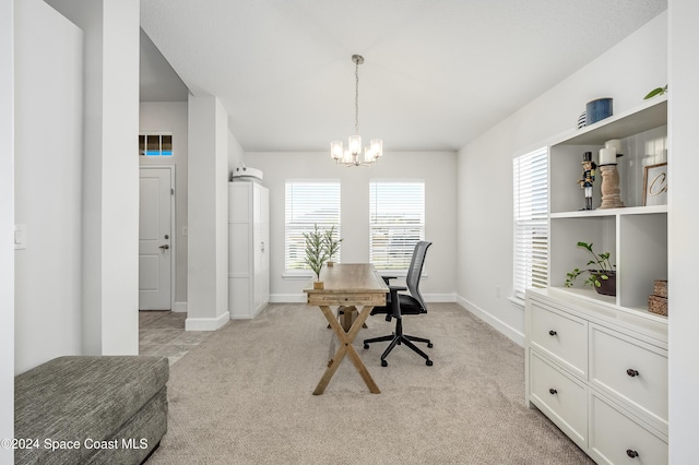 office area featuring light colored carpet and a chandelier