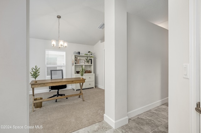 carpeted office with a chandelier