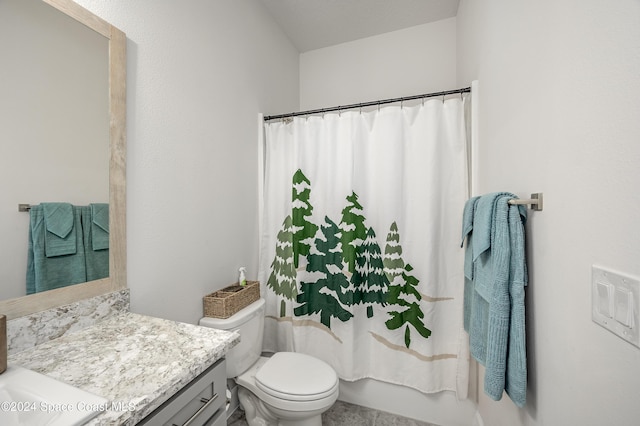 full bathroom featuring vanity, shower / bath combination with curtain, and toilet