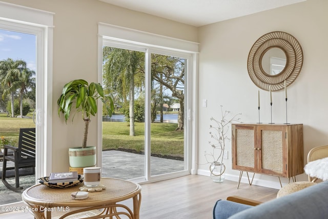 doorway to outside with light hardwood / wood-style floors