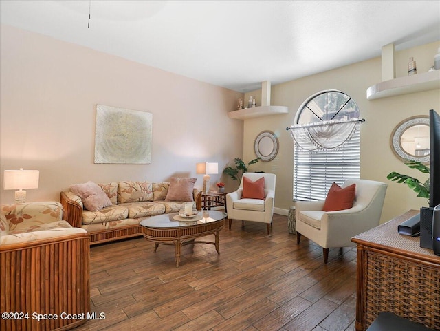 living room with dark hardwood / wood-style flooring