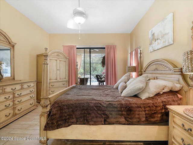 bedroom featuring ceiling fan, access to exterior, and light wood-type flooring