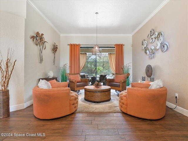 living room with hardwood / wood-style flooring and ornamental molding