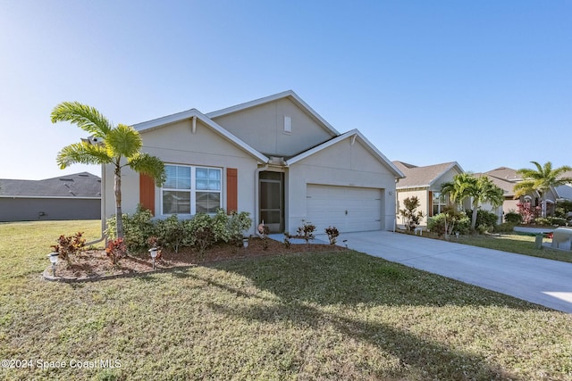 single story home featuring a front yard and a garage