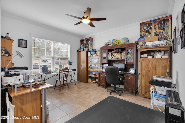 office space with ceiling fan, ornamental molding, and light tile patterned floors