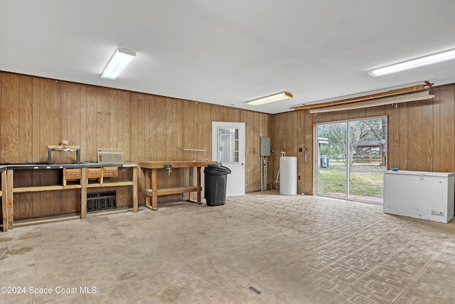 garage with wood walls