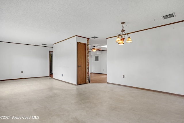 interior space with ceiling fan with notable chandelier, crown molding, and a textured ceiling