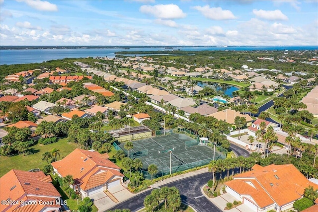 aerial view featuring a water view